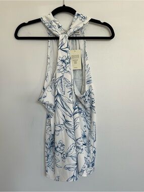 NWT Cupshe White Halter Blouse with Navy Floral Print